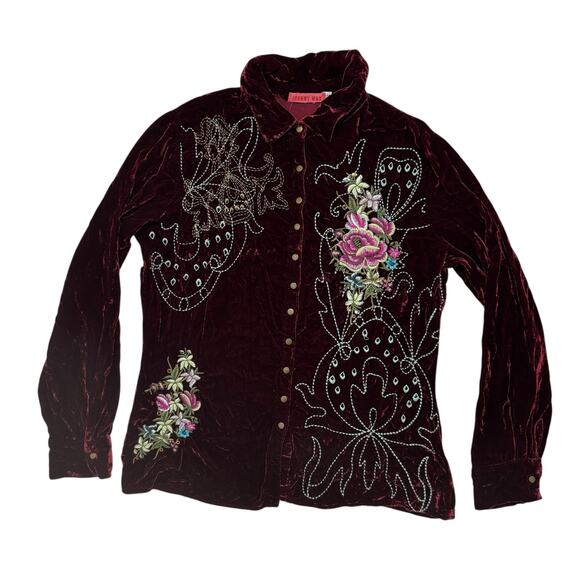 JOHNNY WAS Burgundy Red Floral Embroidered Snap Front Top Size Small Womens - Picture 4 of 10